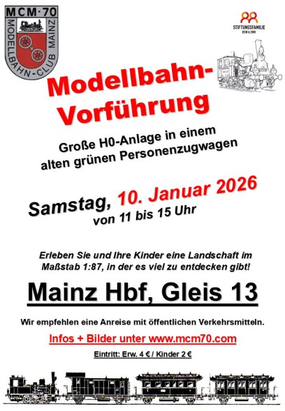 Modellbahnvorführung, Samstag, 10. Januar 2026 von 11 bis 15 Uhr, Mainz Hbf Gl.13